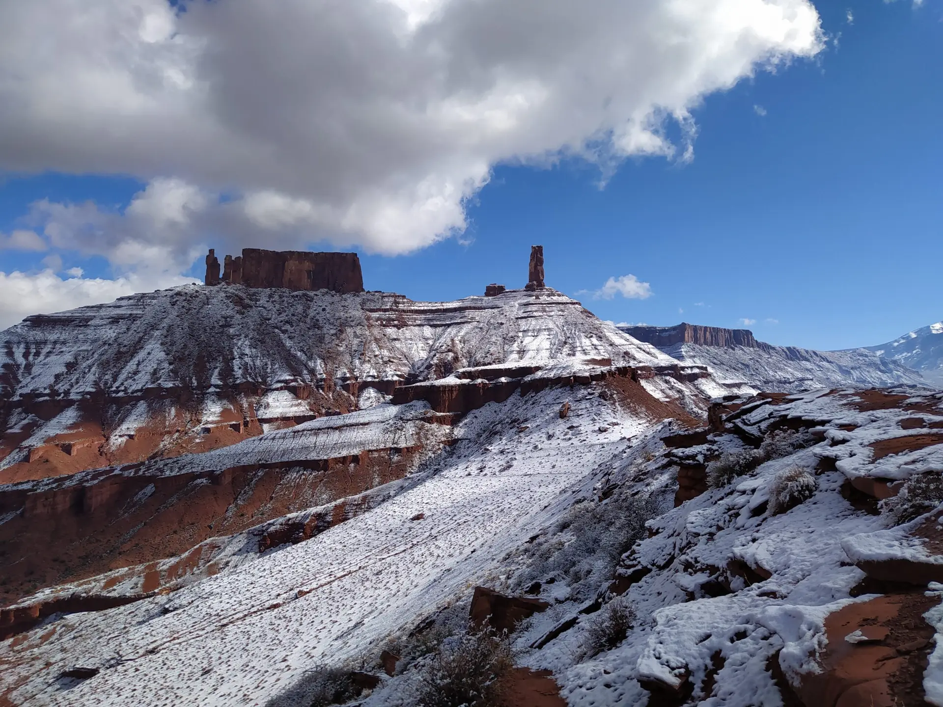 Stunning snowy landscape of Castle Valley in Utah during a base jumping expedition with BASE Spirit.