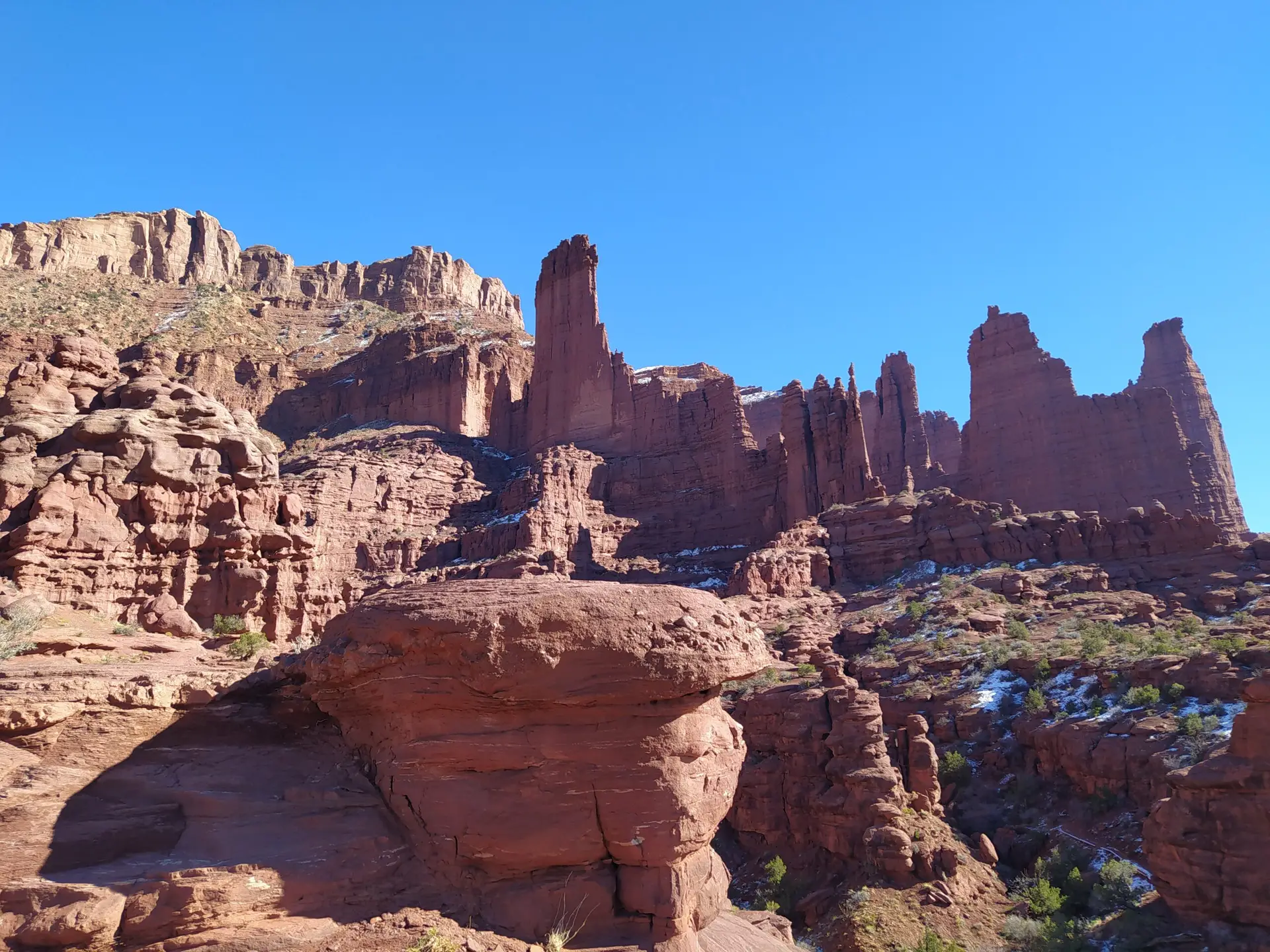 Low angle view on the impressive Fisher Towers in Utah, this place is very popular with climbers and base jumpers.