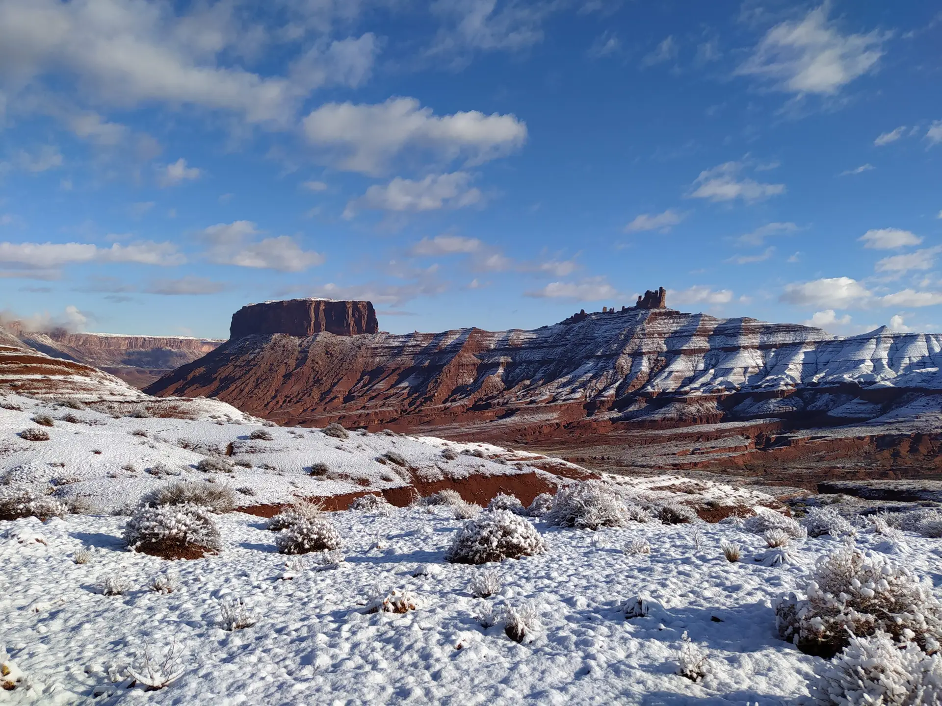 Breathtaking snowy desert landscape during BASE Spirit's last base jumping expedition in the western USA.